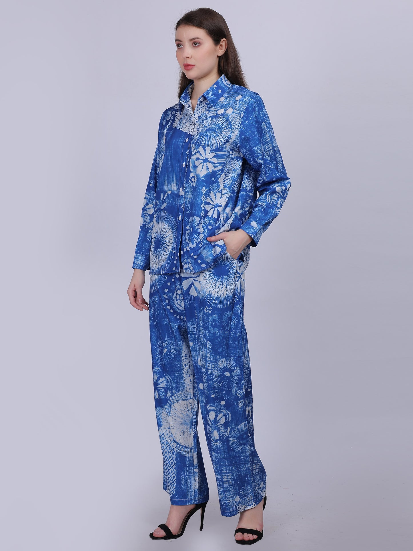 Blue Floral Print Fashion Co-ord-Set With Straight Pants