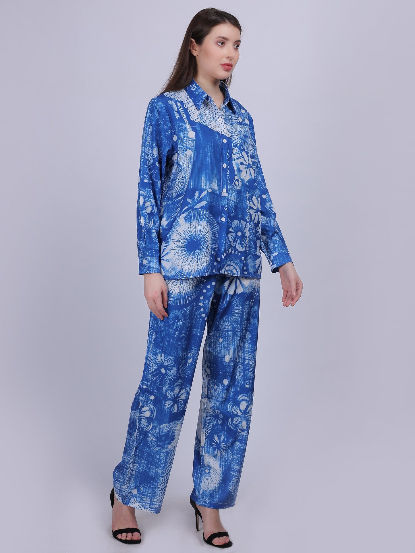 Blue Floral Print Fashion Co-ord-Set With Straight Pants