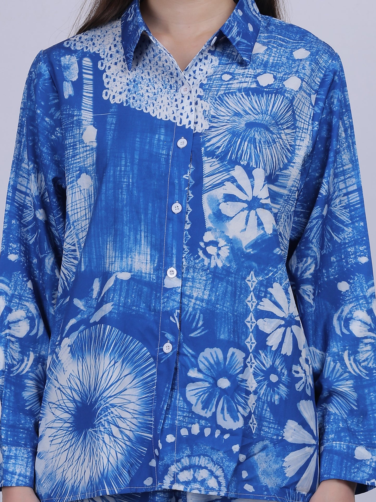 Blue Floral Print Fashion Co-ord-Set With Straight Pants