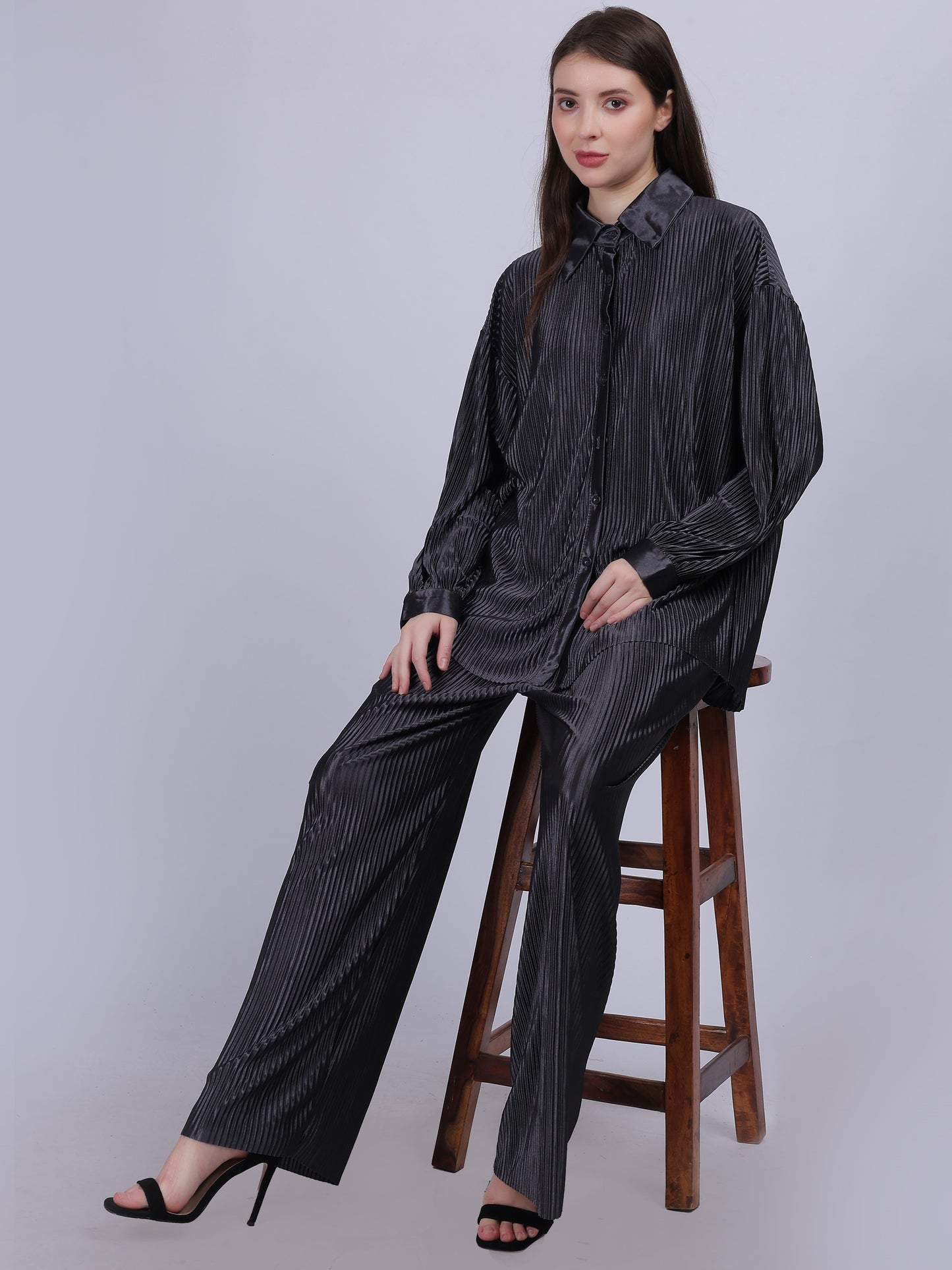 Grey Pleated Fashion Co-ord Set With Straight Fit Pants