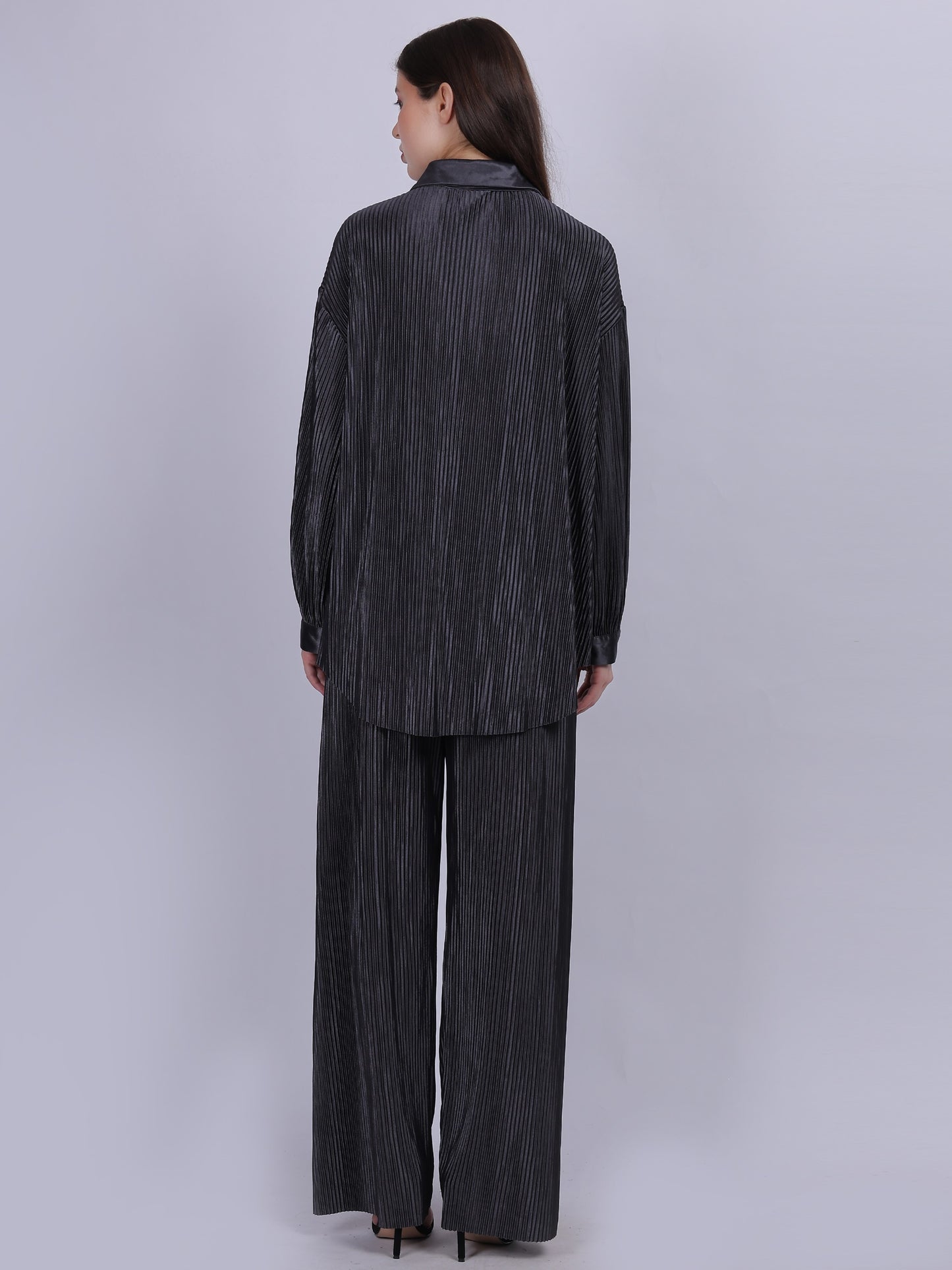 Grey Pleated Fashion Co-ord Set With Straight Fit Pants