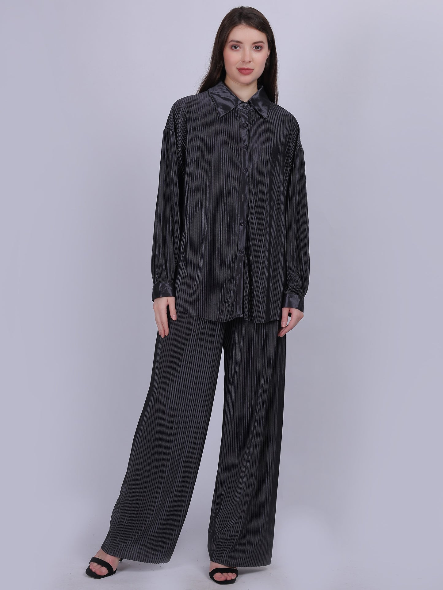 Grey Pleated Fashion Co-ord Set With Straight Fit Pants