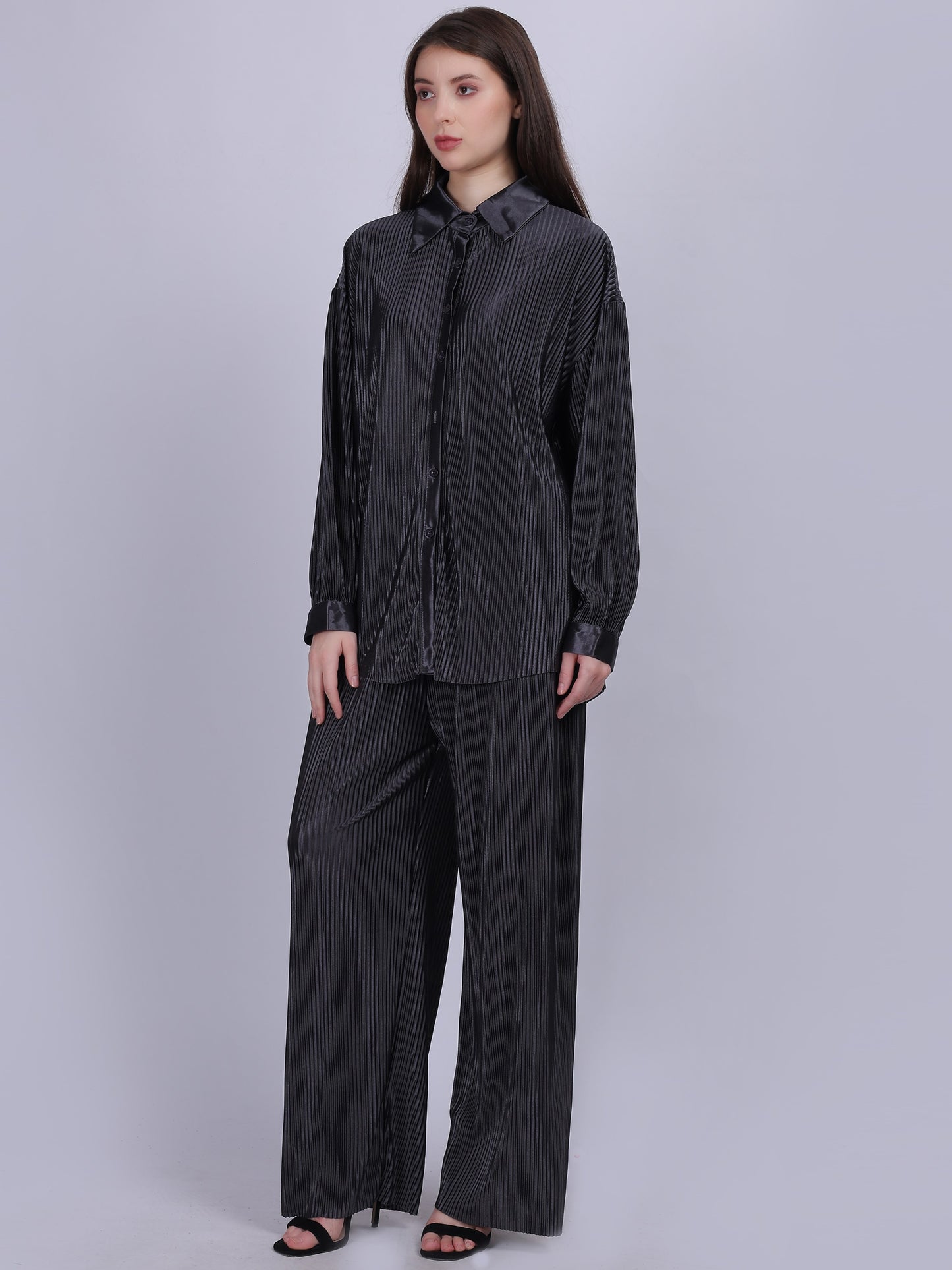 Grey Pleated Fashion Co-ord Set With Straight Fit Pants