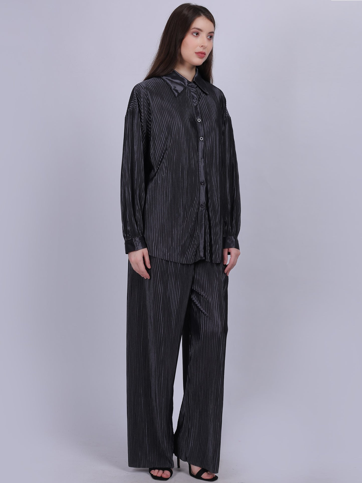 Grey Pleated Fashion Co-ord Set With Straight Fit Pants