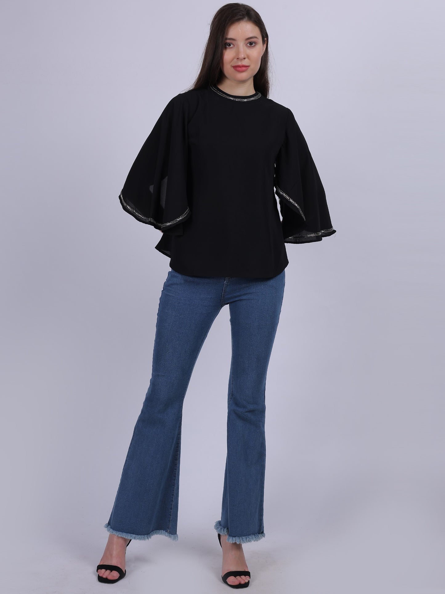 Basic Fashion Casual Top With Handwork On Neck & Sleeves