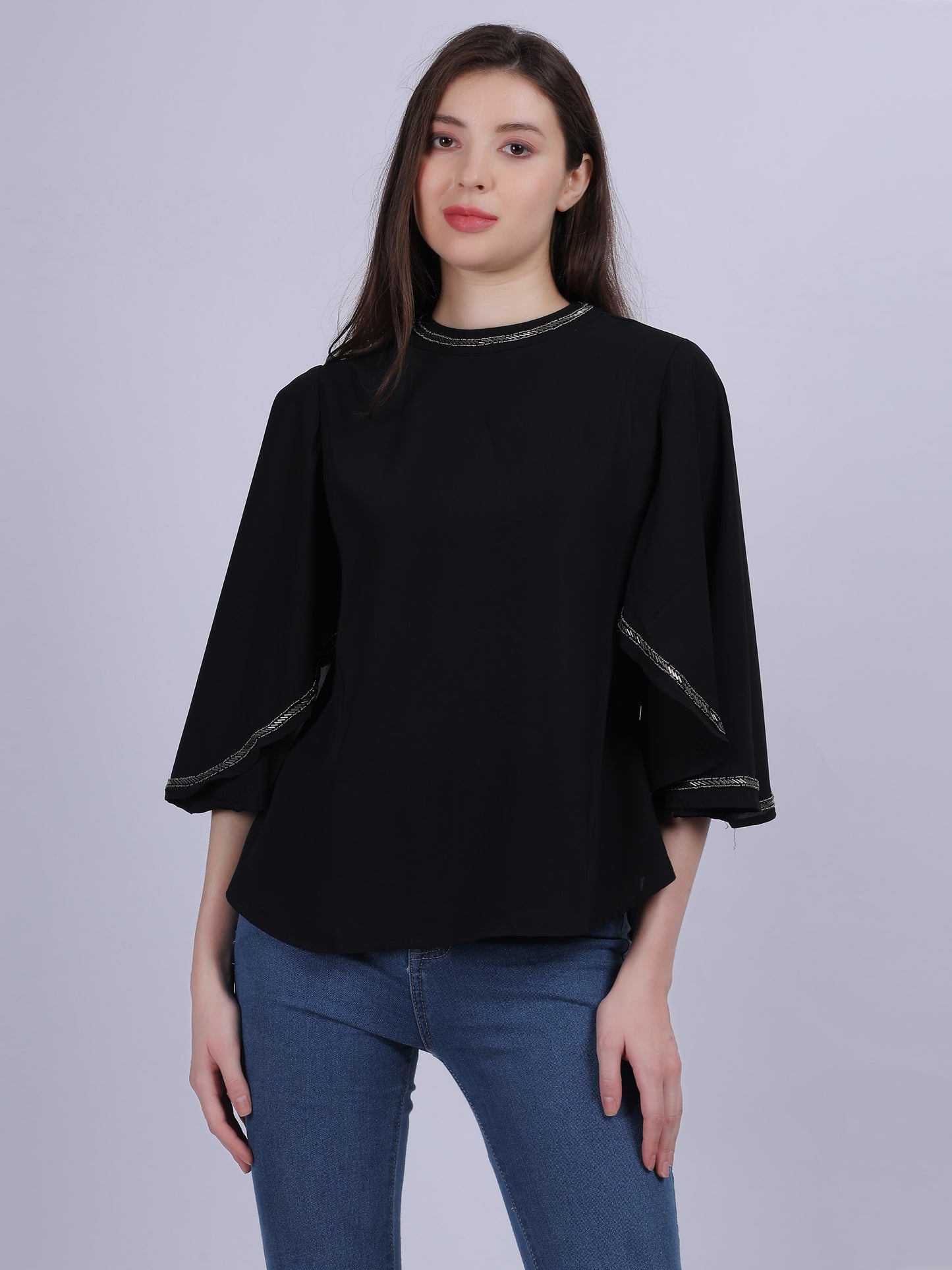 Basic Fashion Casual Top With Handwork On Neck & Sleeves
