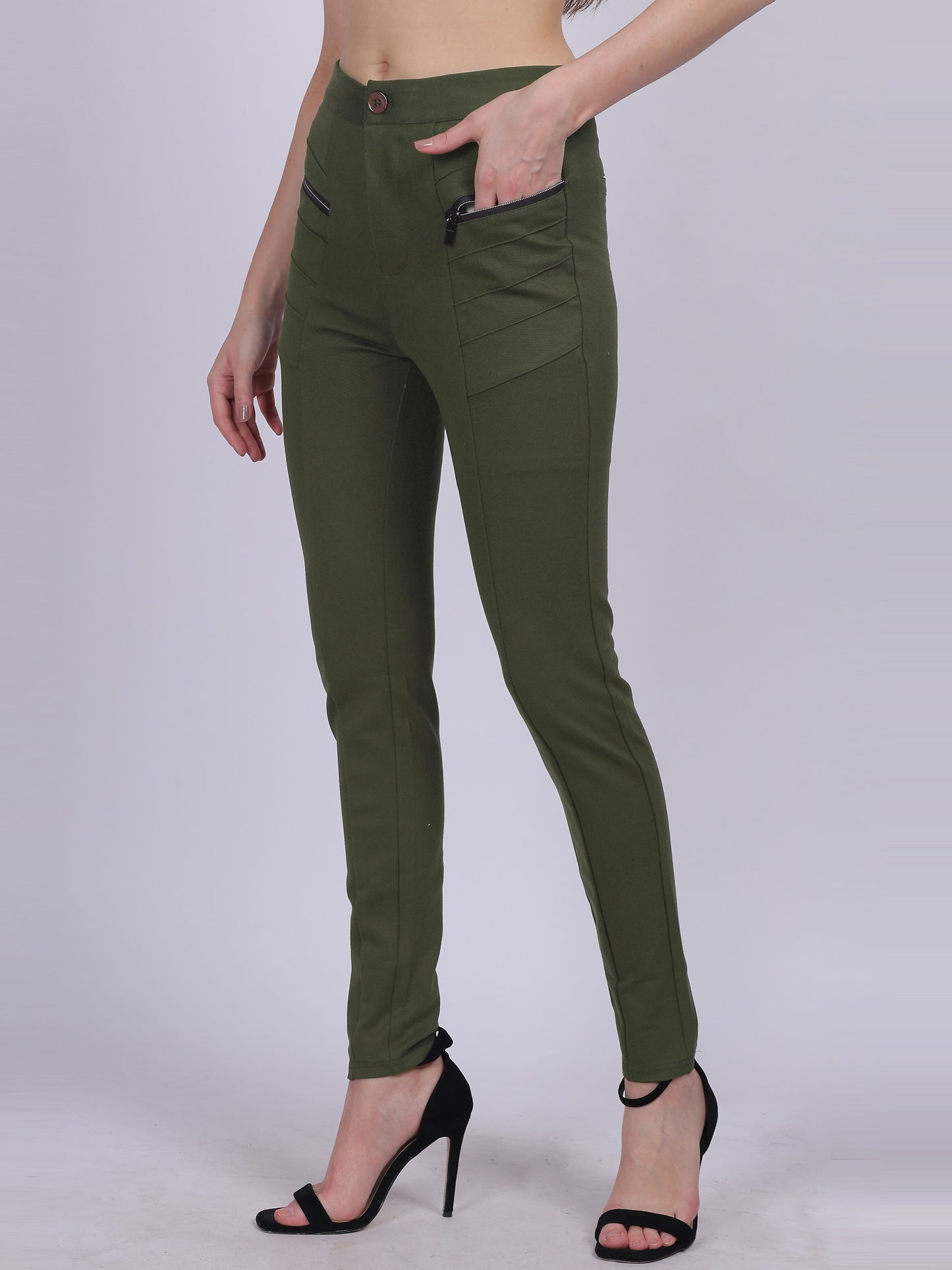 Olive Narrow Fit Stretchable Pleated Fashion Pants