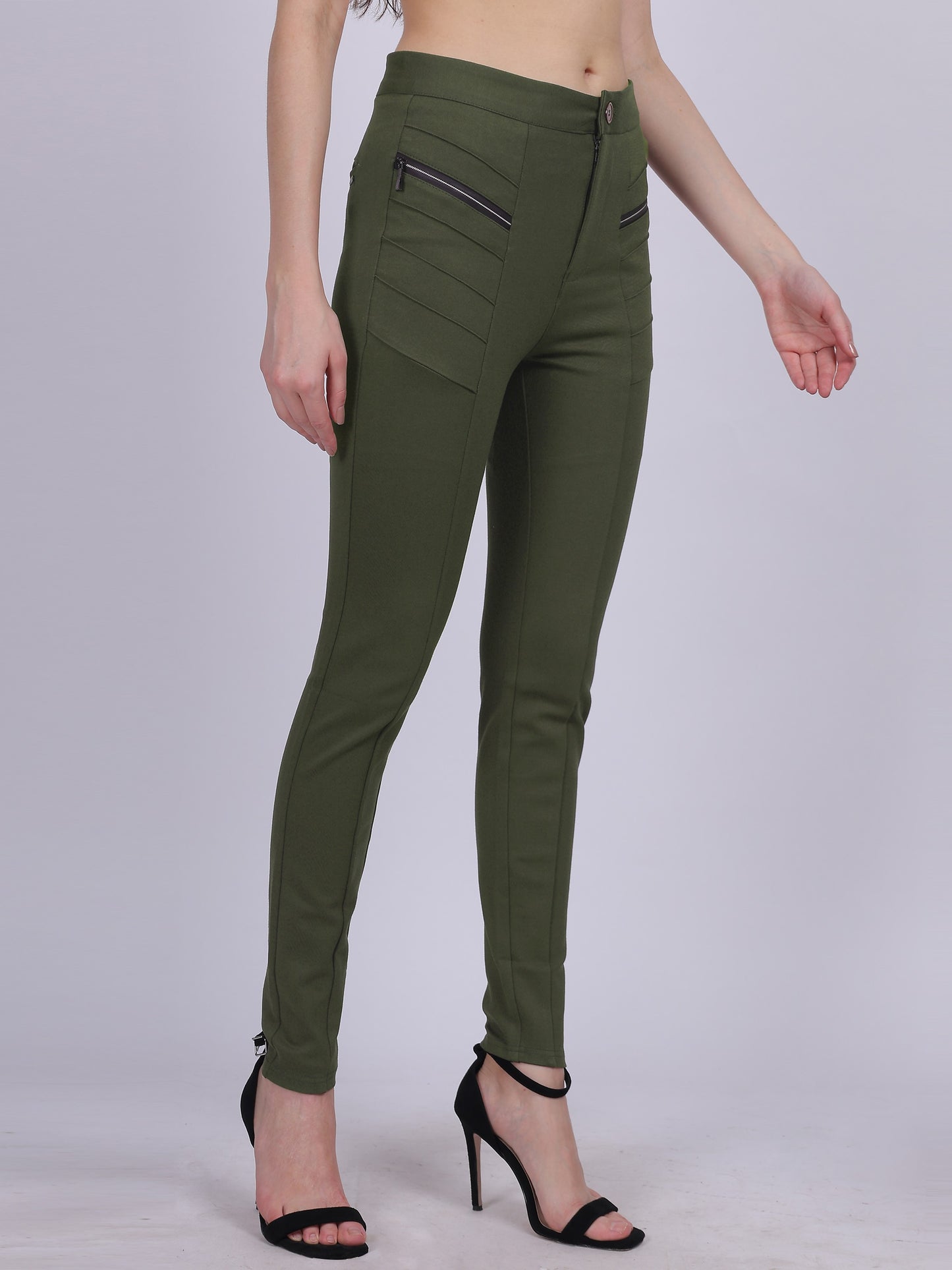 Olive Narrow Fit Stretchable Pleated Fashion Pants