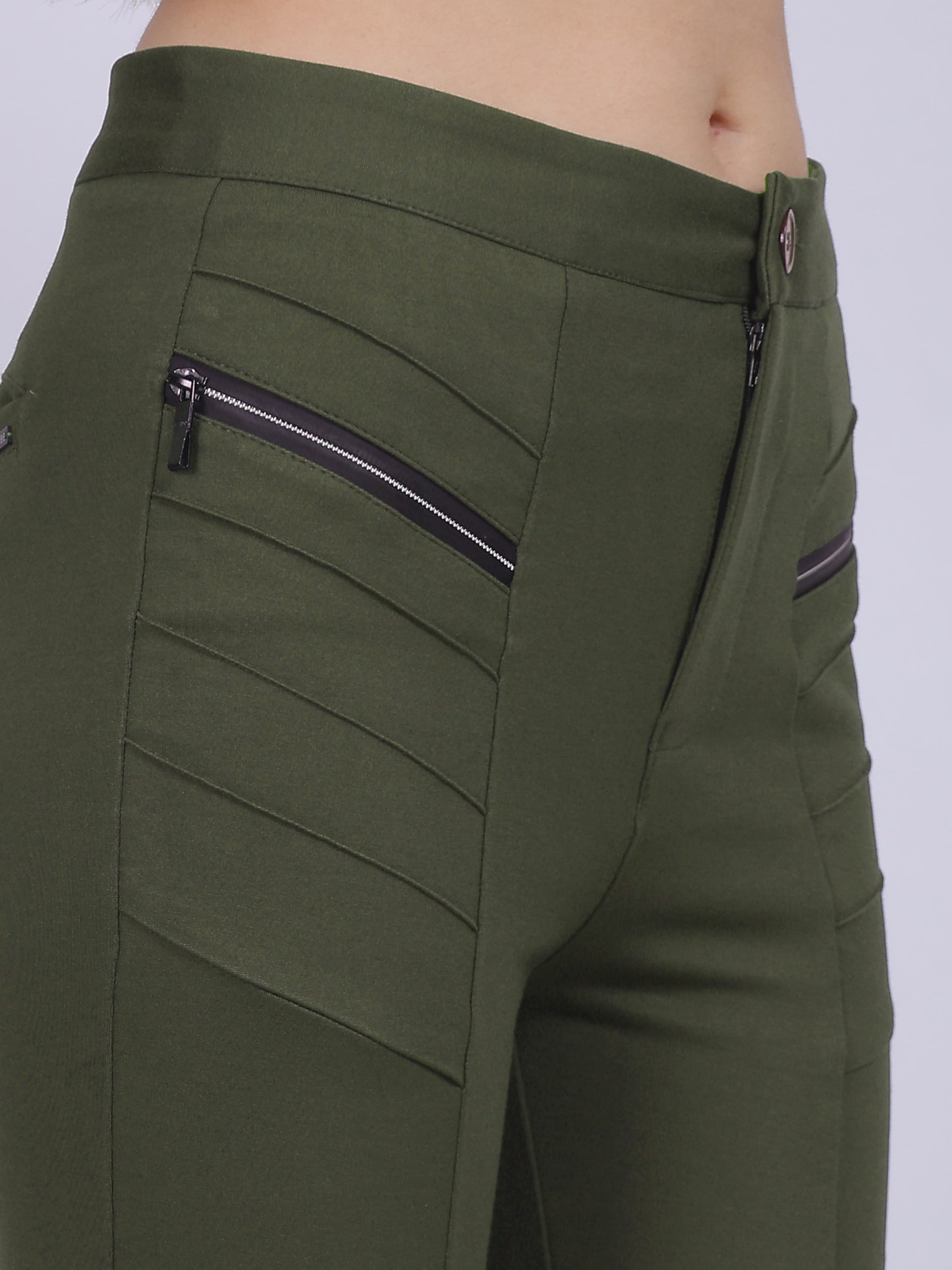 Olive Narrow Fit Stretchable Pleated Fashion Pants