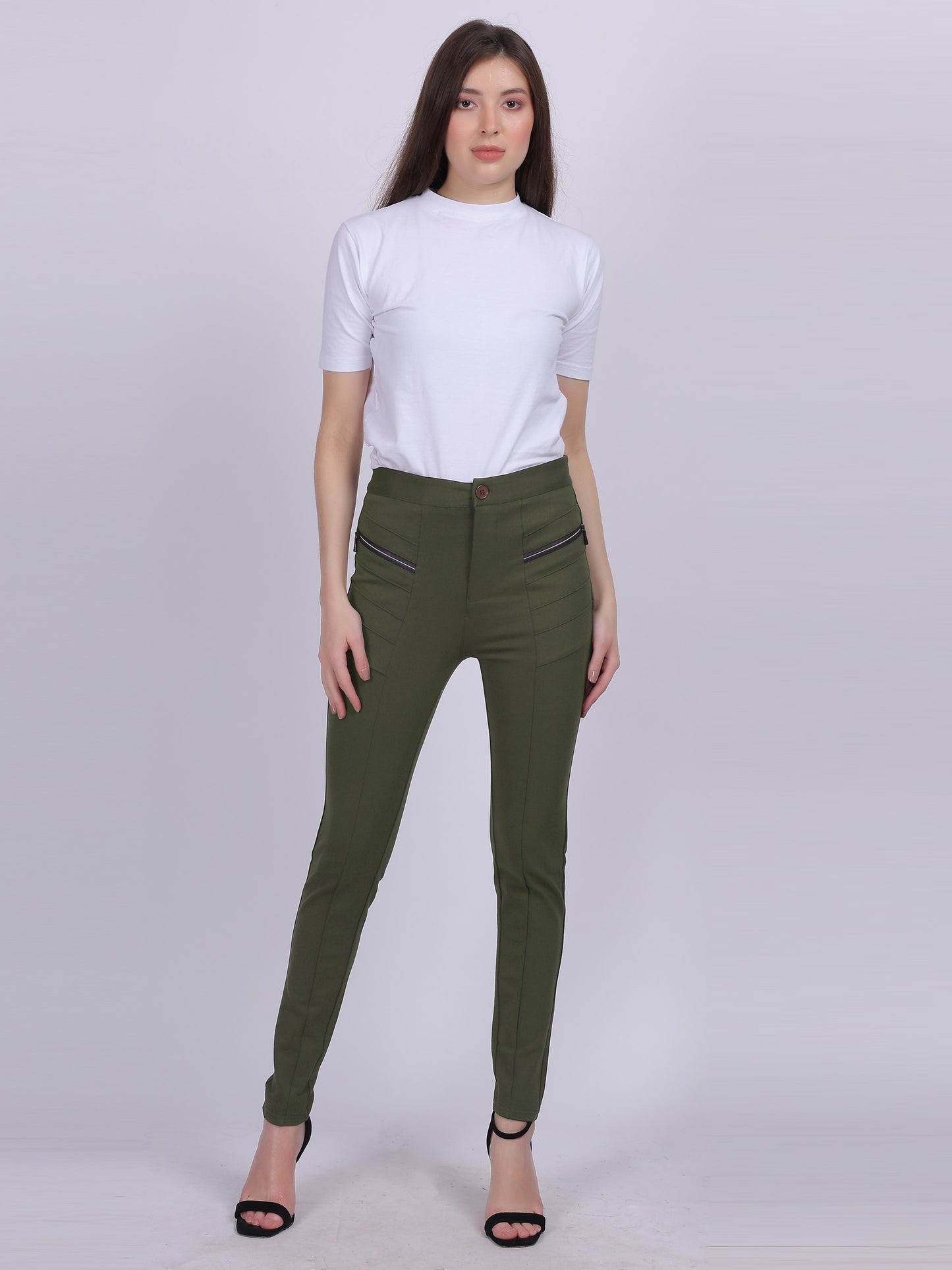 Olive Narrow Fit Stretchable Pleated Fashion Pants