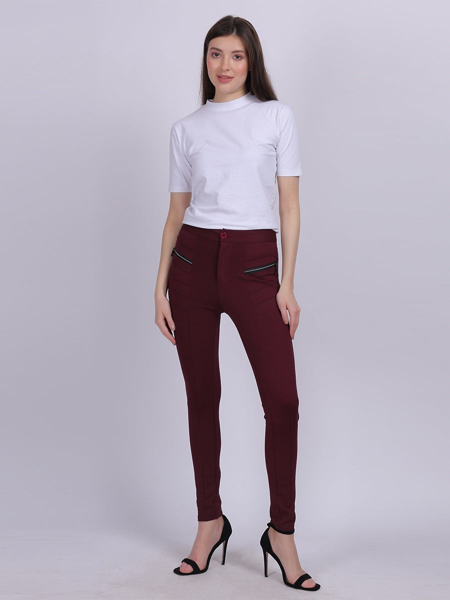 Wine Narrow Fit Stretchable Pleated Fashion Pants