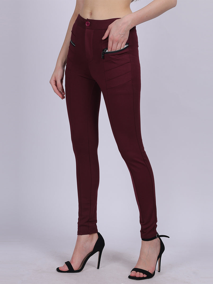 Wine Narrow Fit Stretchable Pleated Fashion Pants