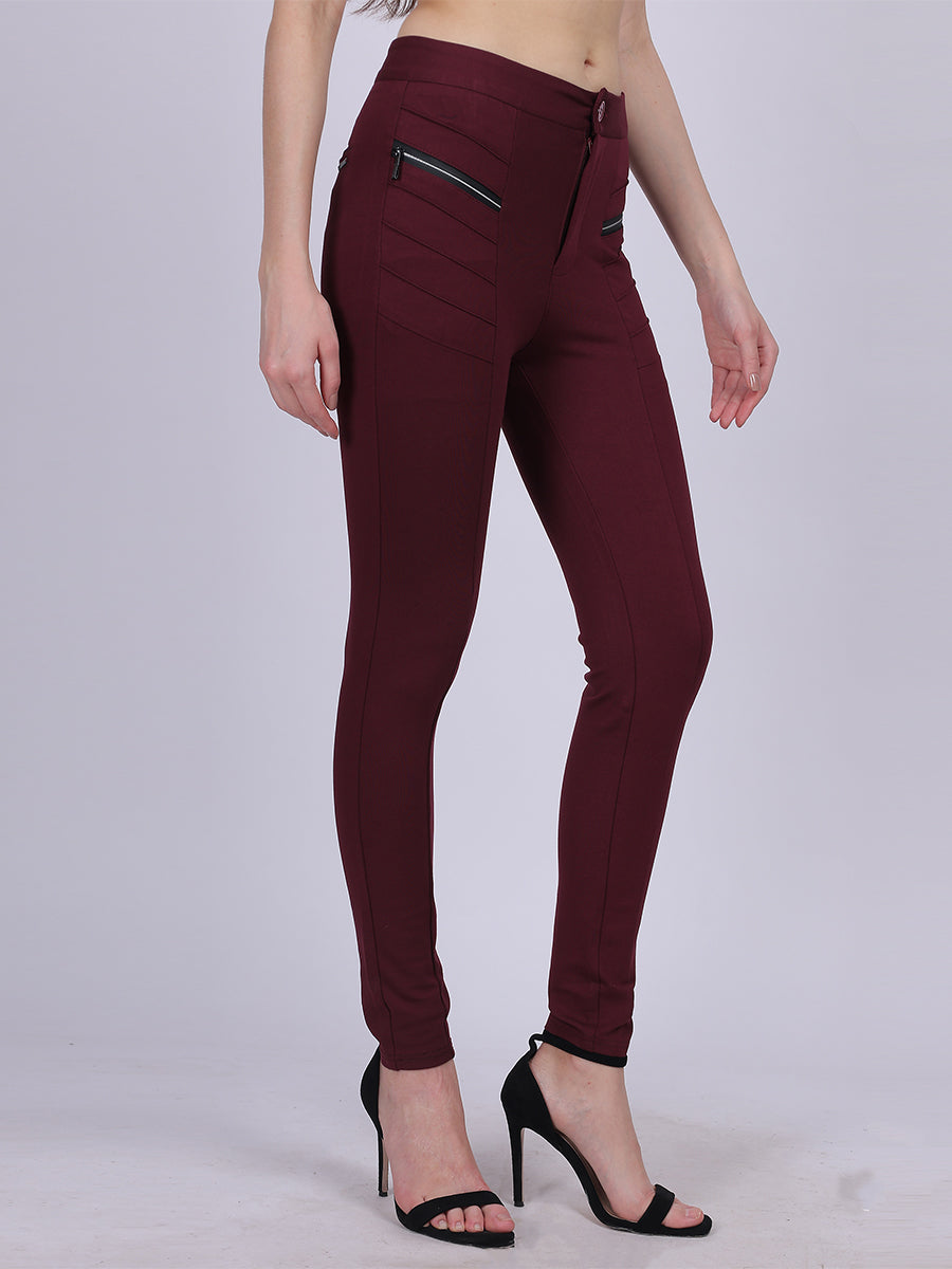 Wine Narrow Fit Stretchable Pleated Fashion Pants