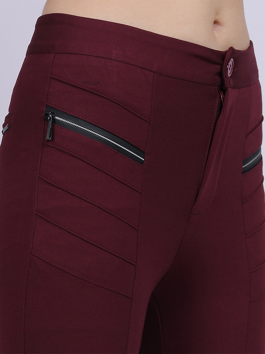 Wine Narrow Fit Stretchable Pleated Fashion Pants