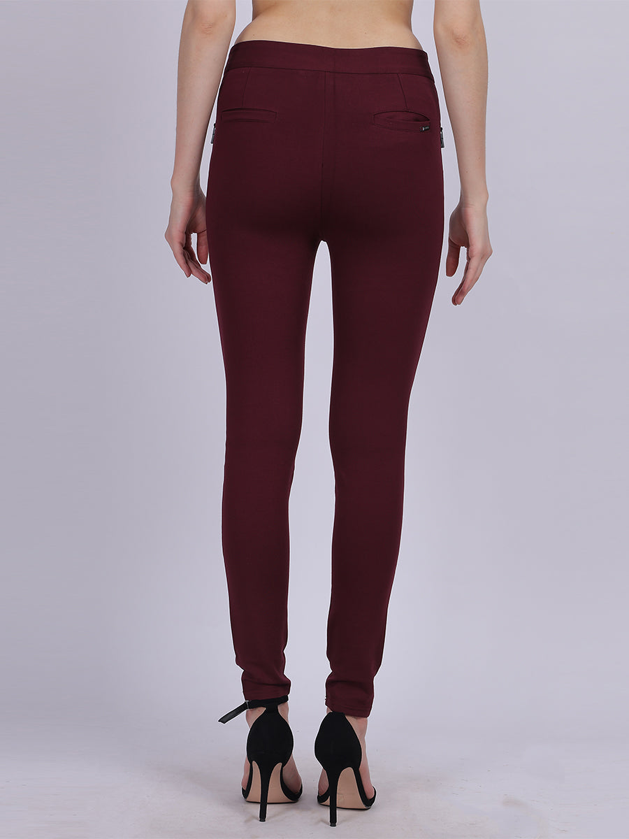 Wine Narrow Fit Stretchable Pleated Fashion Pants