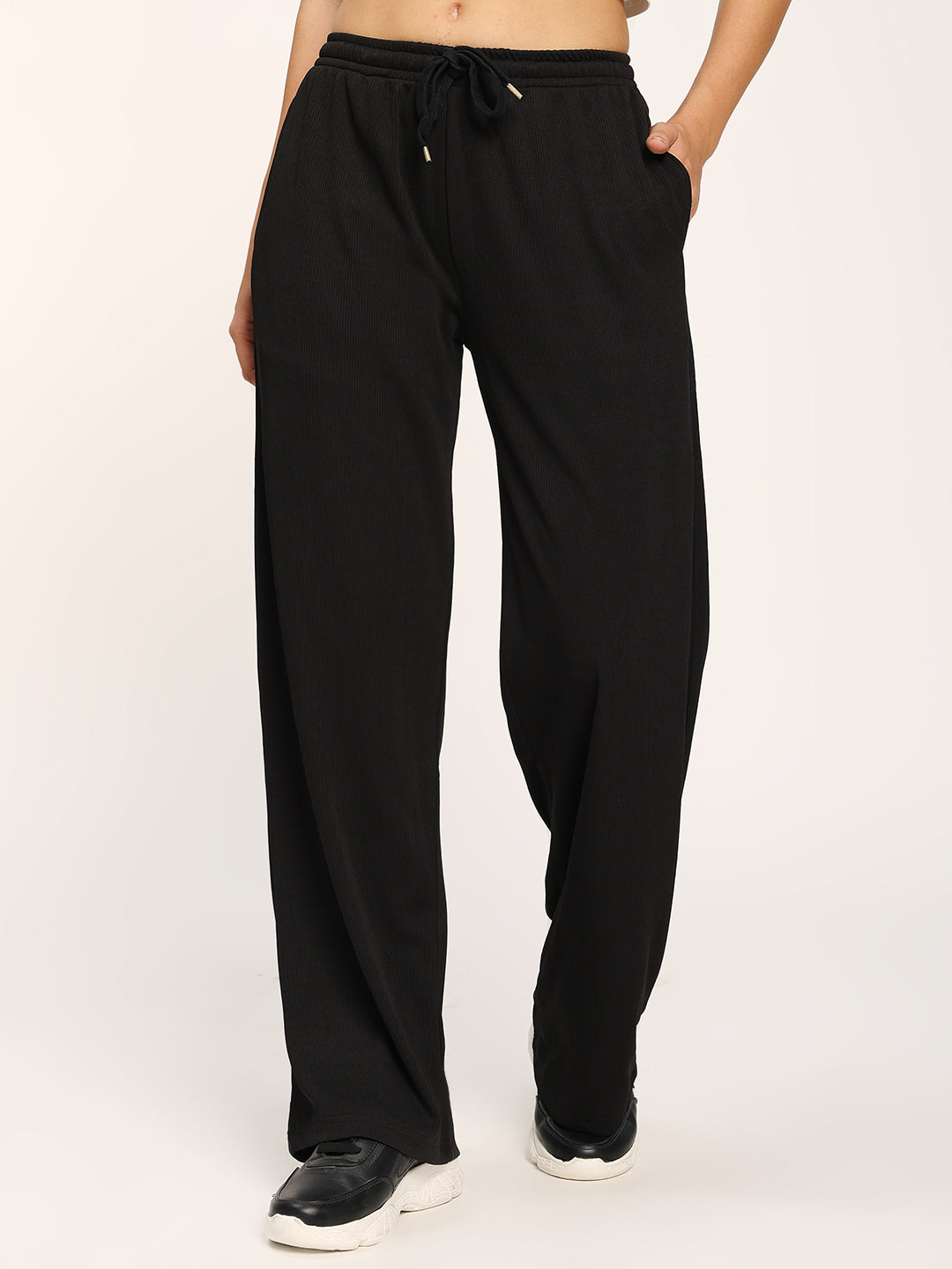 Black Textured Rib Straight Fit Fashion Pants