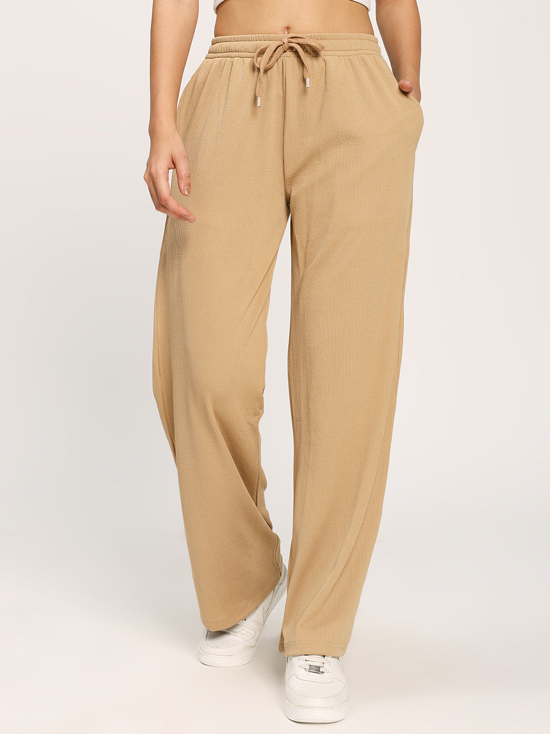 Beige Textured Rib Straight Fit Fashion Pants
