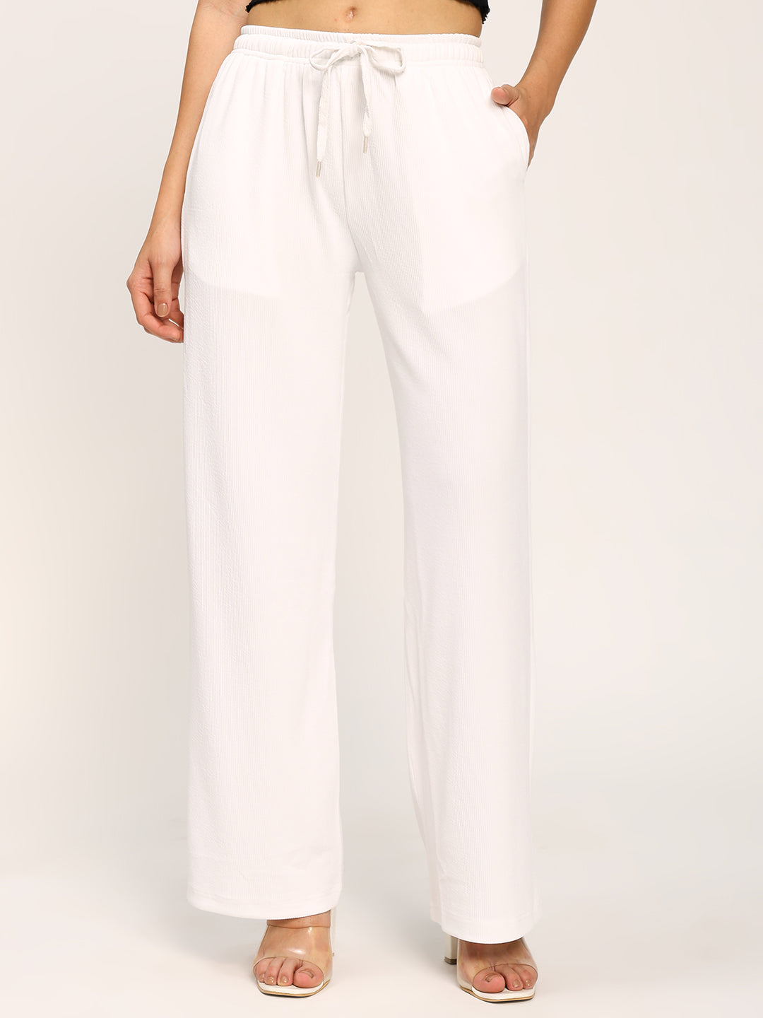 White Textured Rib Straight Fit Fashion Pants