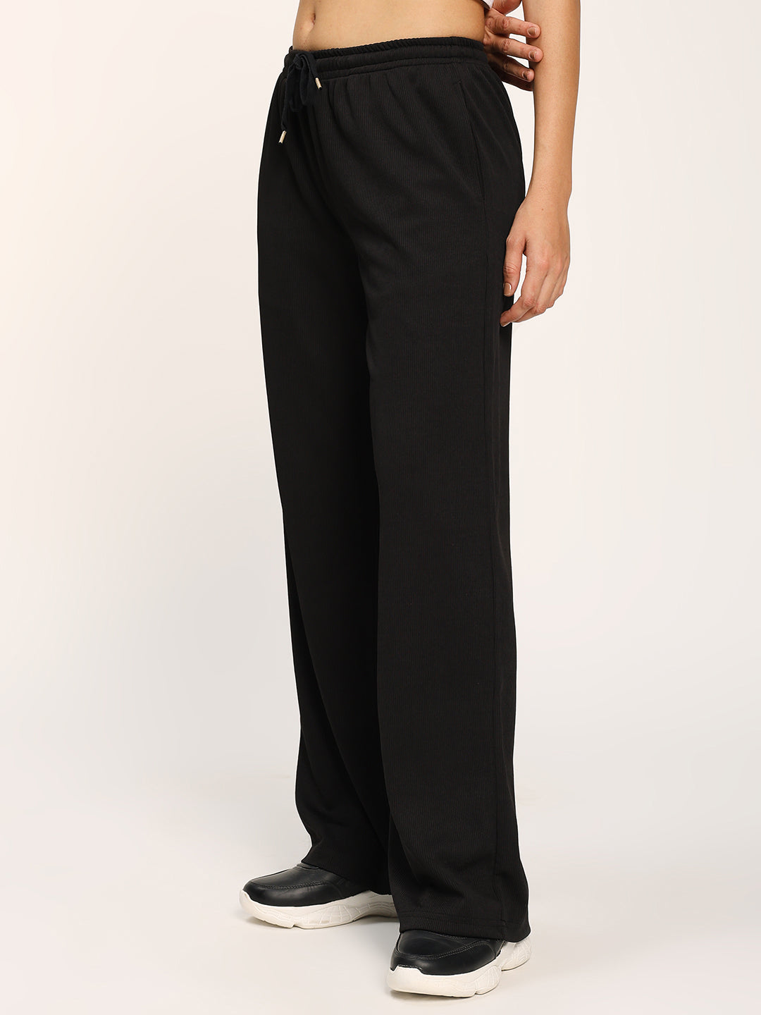 Black Textured Rib Straight Fit Fashion Pants
