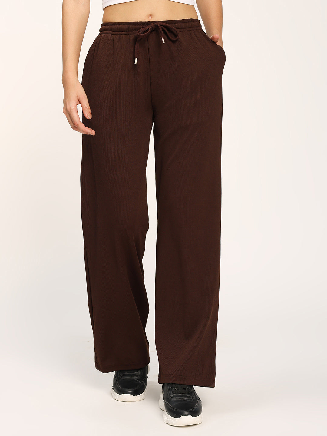 Coffee Textured Rib Straight Fit Fashion Pants