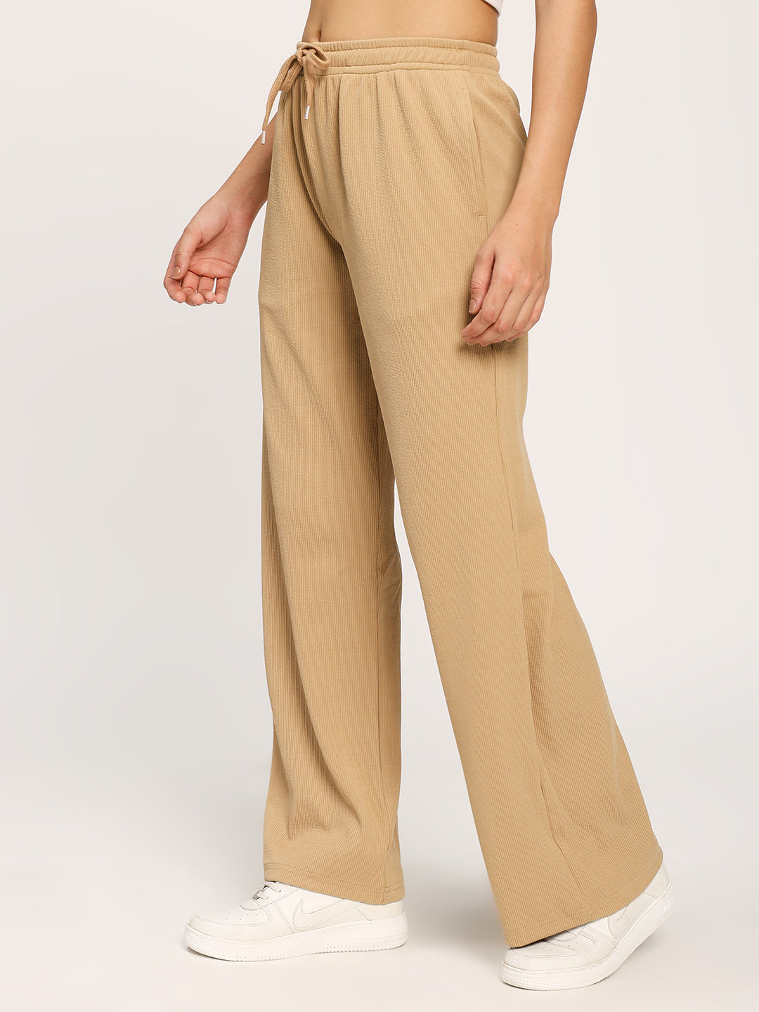 Beige Textured Rib Straight Fit Fashion Pants