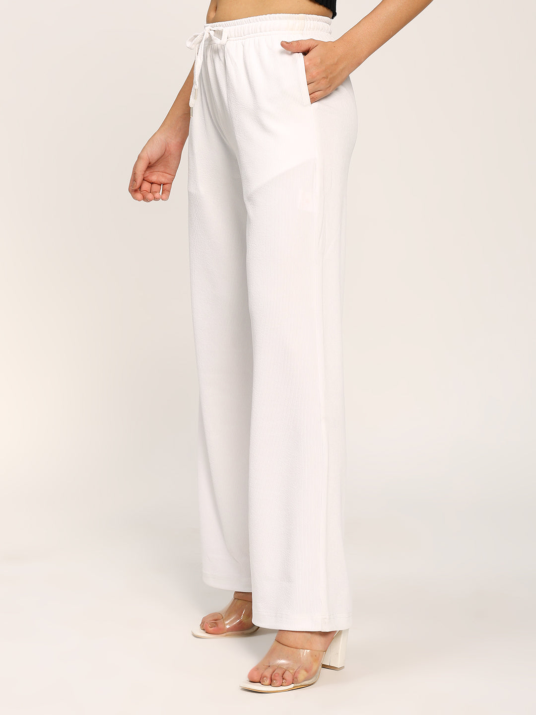 White Textured Rib Straight Fit Fashion Pants