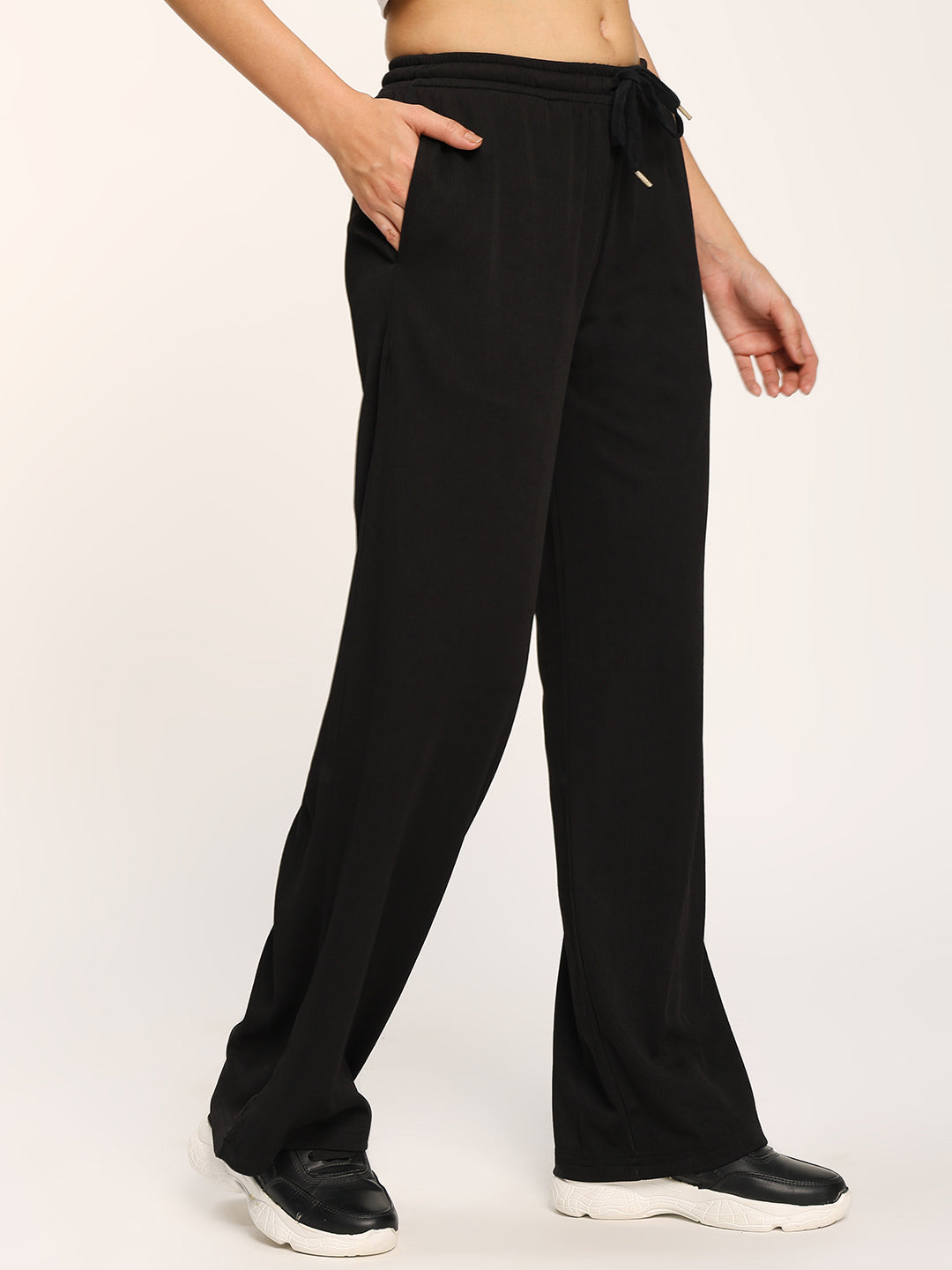 Black Textured Rib Straight Fit Fashion Pants