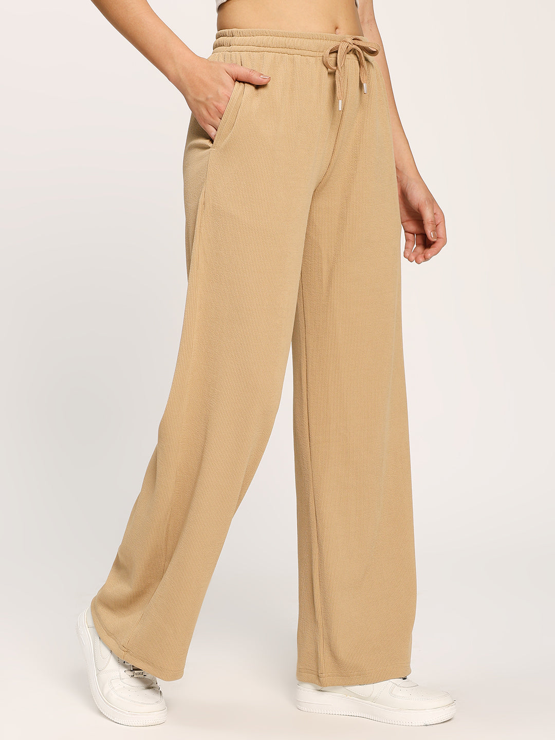 Beige Textured Rib Straight Fit Fashion Pants