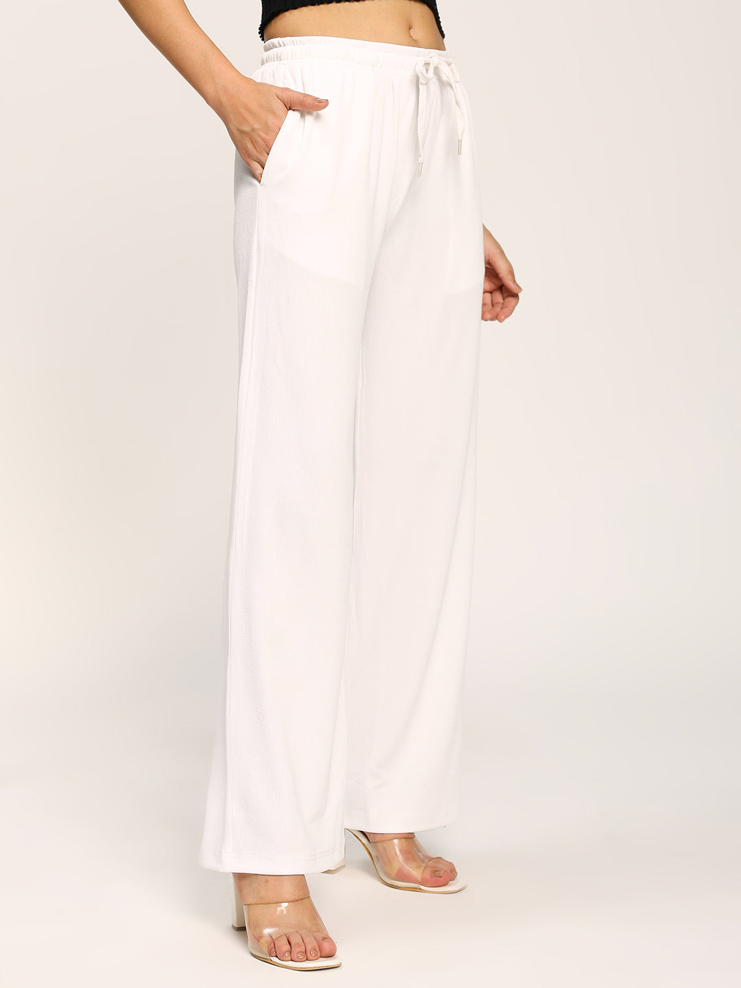 White Textured Rib Straight Fit Fashion Pants