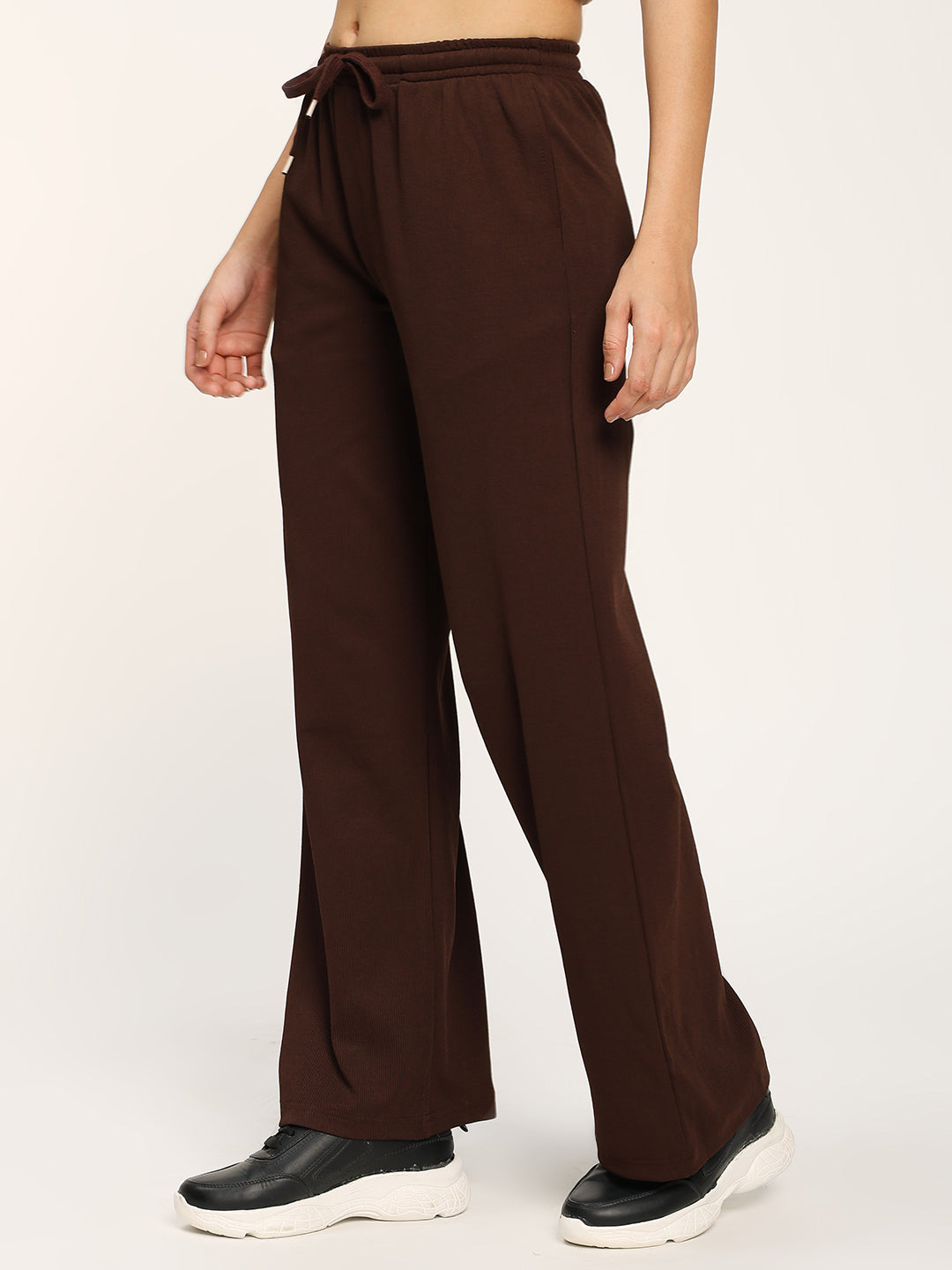 Coffee Textured Rib Straight Fit Fashion Pants