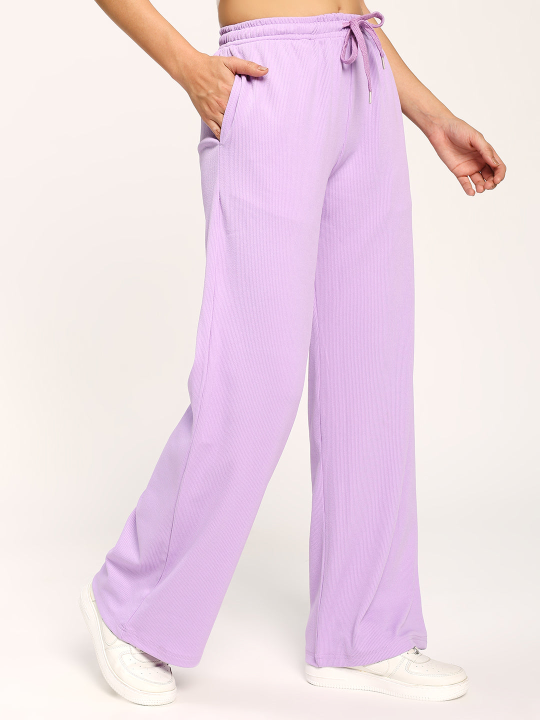 Lilac Textured Rib Straight Fit Fashion Pants
