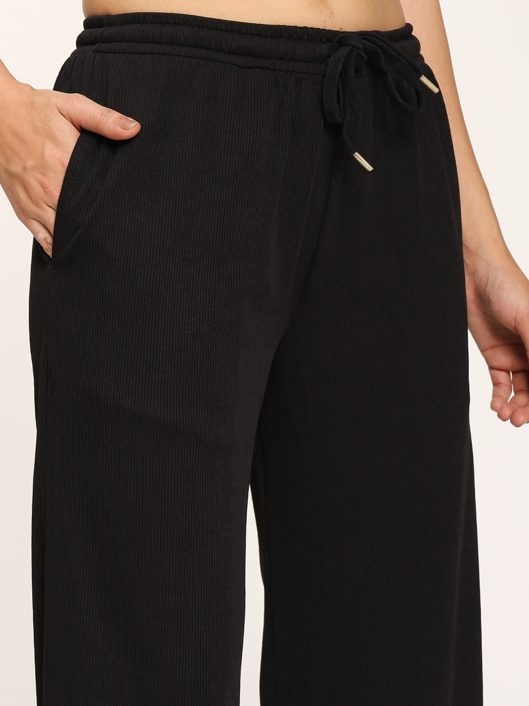 Black Textured Rib Straight Fit Fashion Pants