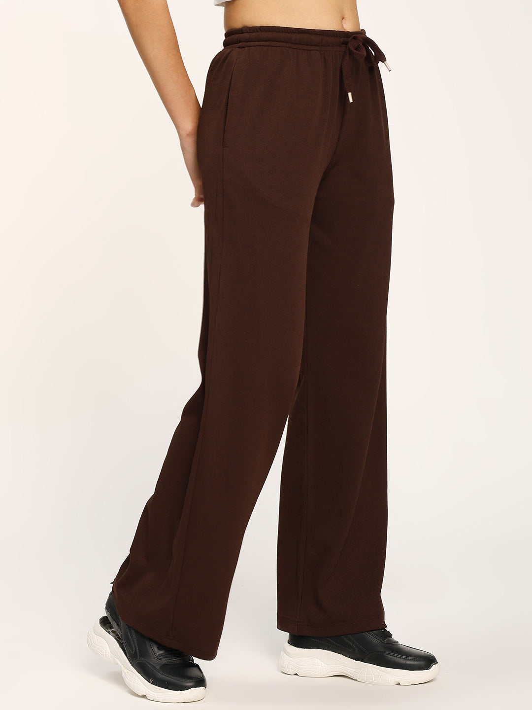 Coffee Textured Rib Straight Fit Fashion Pants