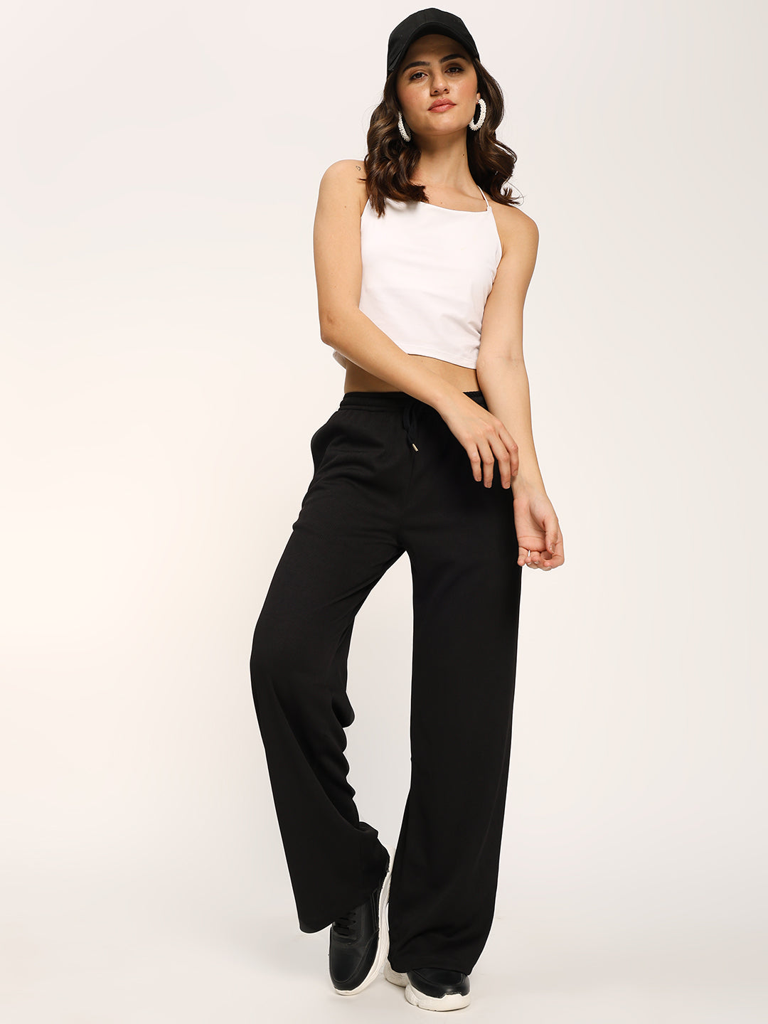 Black Textured Rib Straight Fit Fashion Pants
