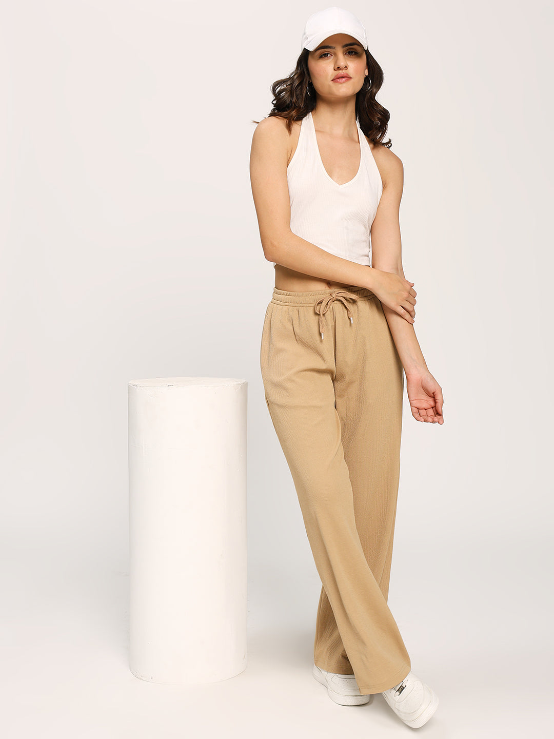 Beige Textured Rib Straight Fit Fashion Pants