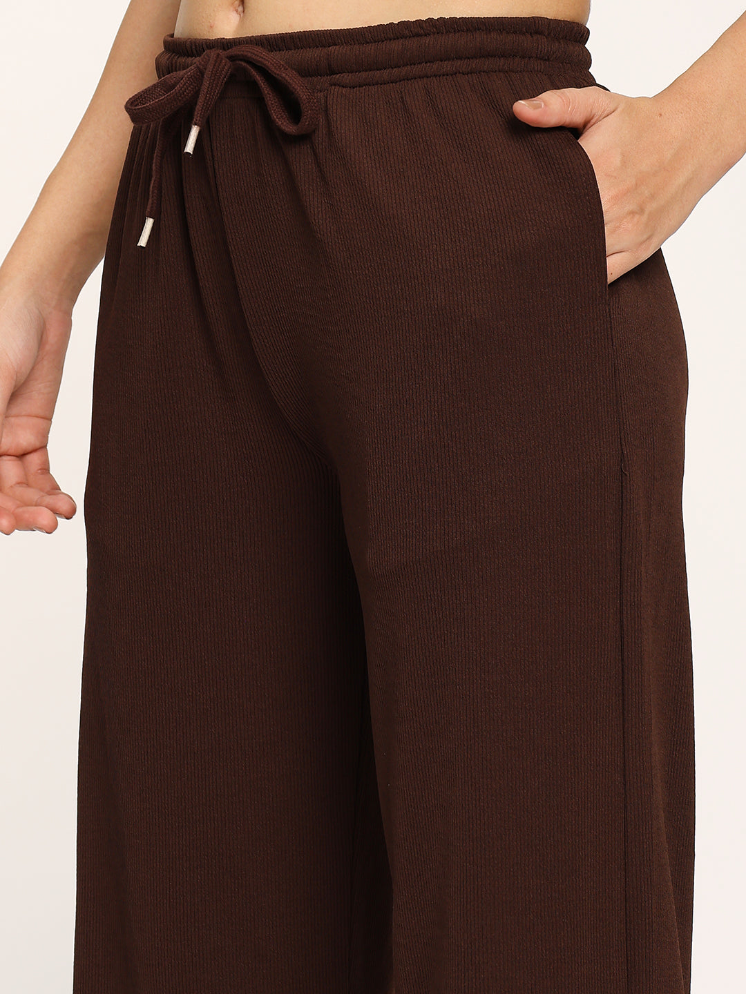 Coffee Textured Rib Straight Fit Fashion Pants