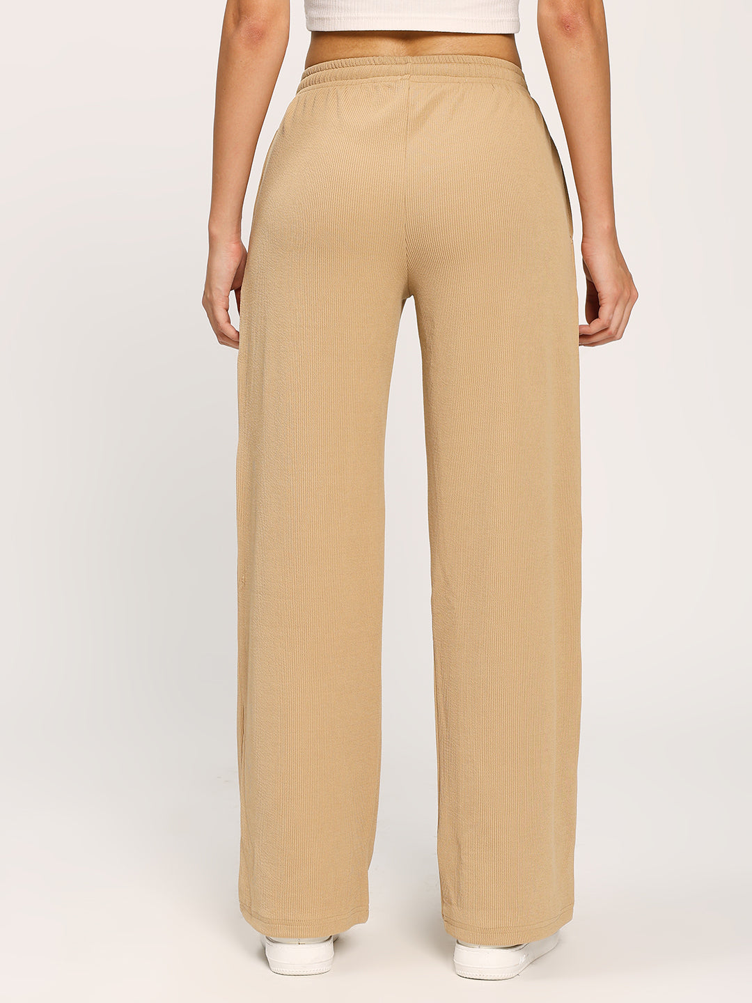 Beige Textured Rib Straight Fit Fashion Pants