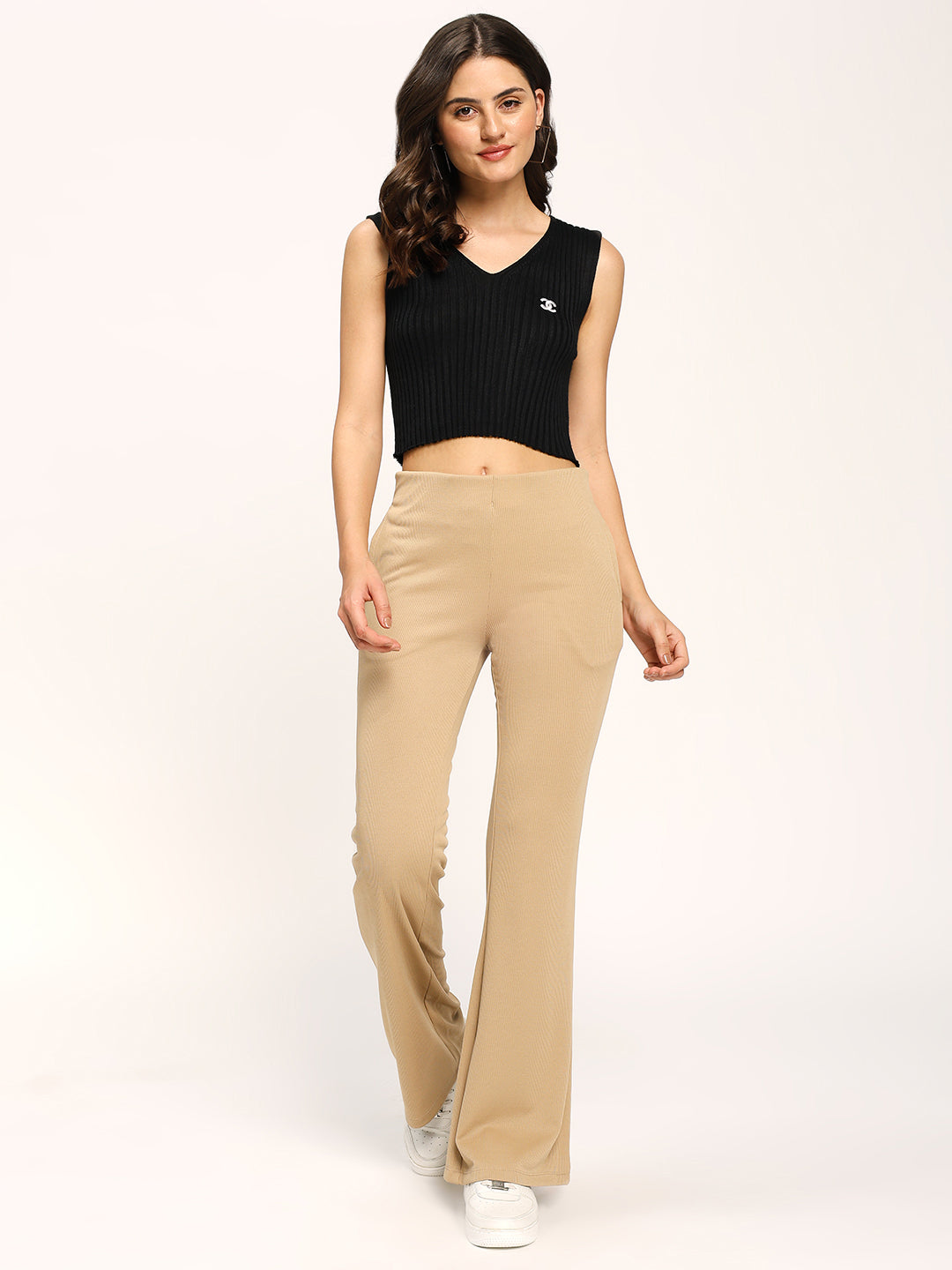 Beige Textured Rib Flare Fit Fashion Pants