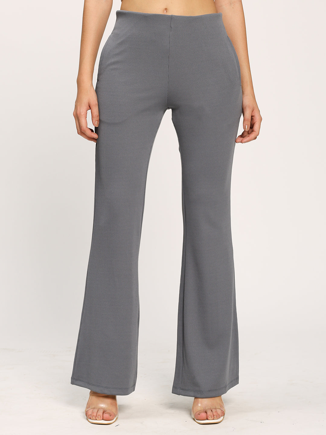 Grey Textured Rib Flare Fit Fashion Pants