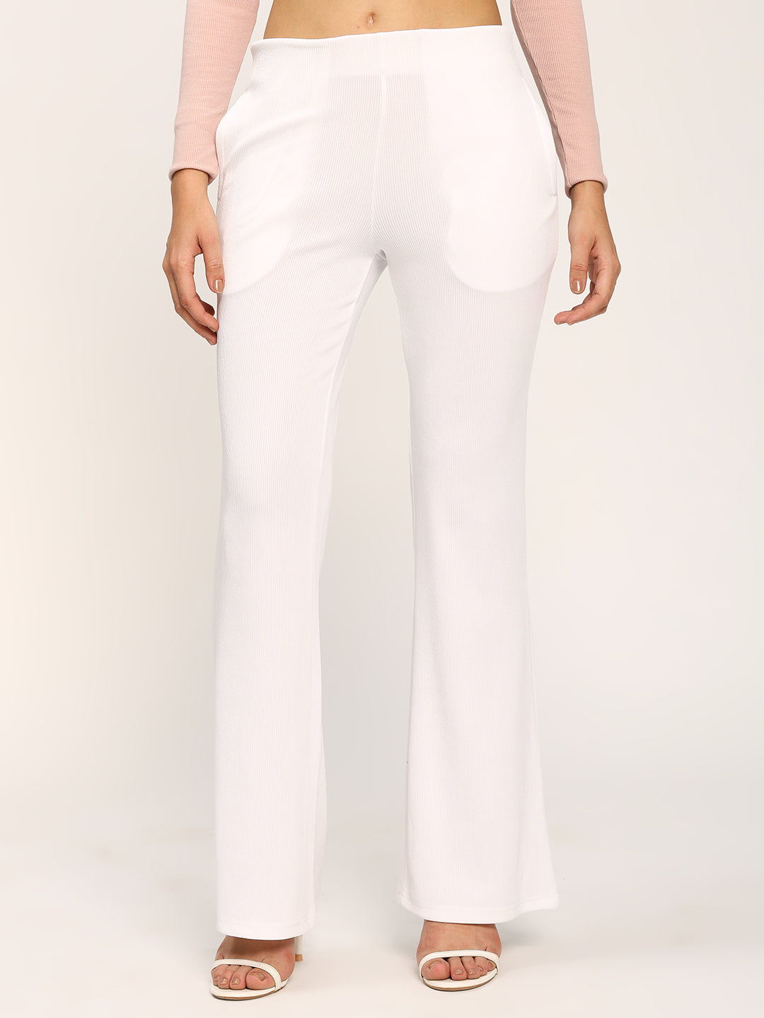 White Textured Rib Flare Fit Fashion Pants