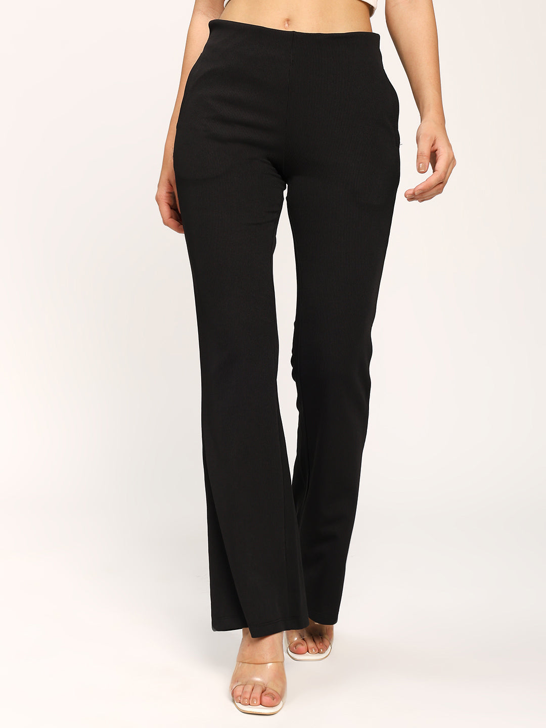 Black Textured Flare Fit Fashion Pants