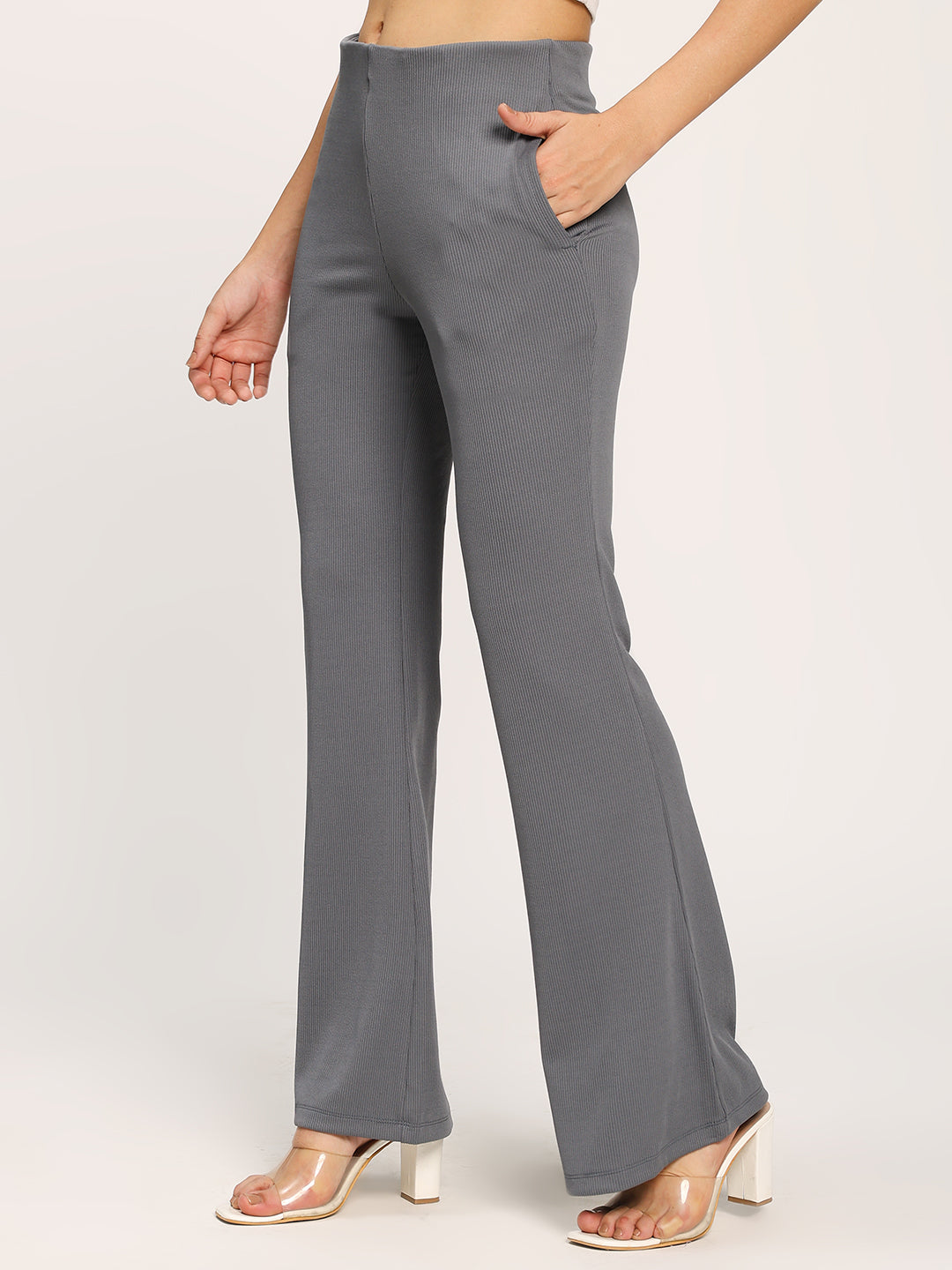 Grey Textured Rib Flare Fit Fashion Pants