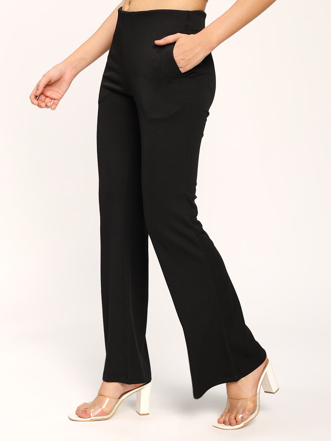 Black Textured Flare Fit Fashion Pants