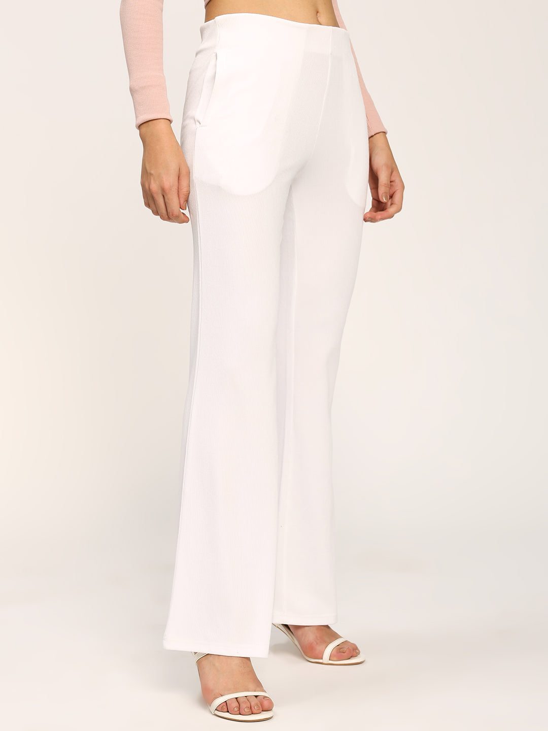 White Textured Rib Flare Fit Fashion Pants