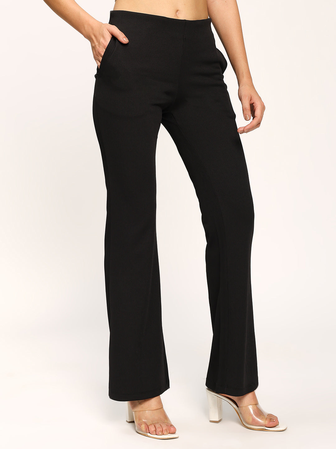 Black Textured Flare Fit Fashion Pants