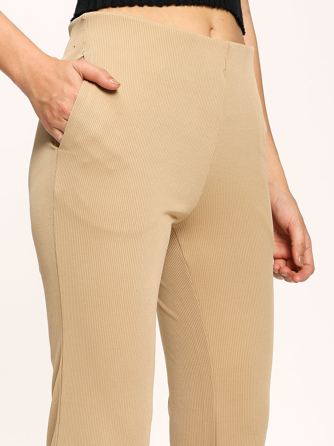 Beige Textured Rib Flare Fit Fashion Pants