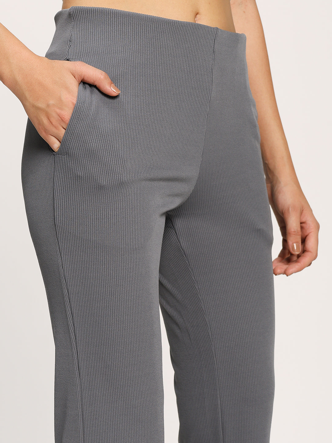 Grey Textured Rib Flare Fit Fashion Pants