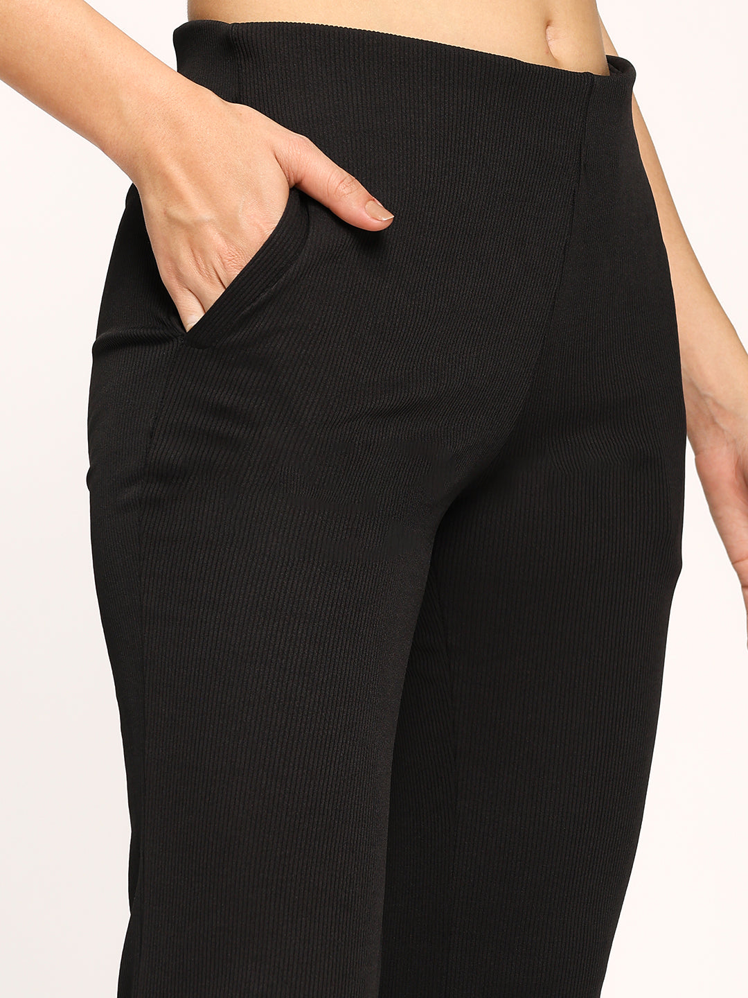 Black Textured Flare Fit Fashion Pants