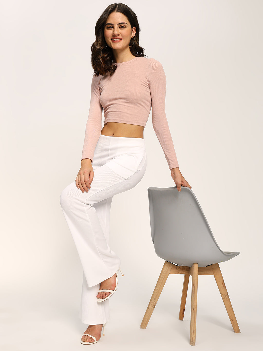 White Textured Rib Flare Fit Fashion Pants