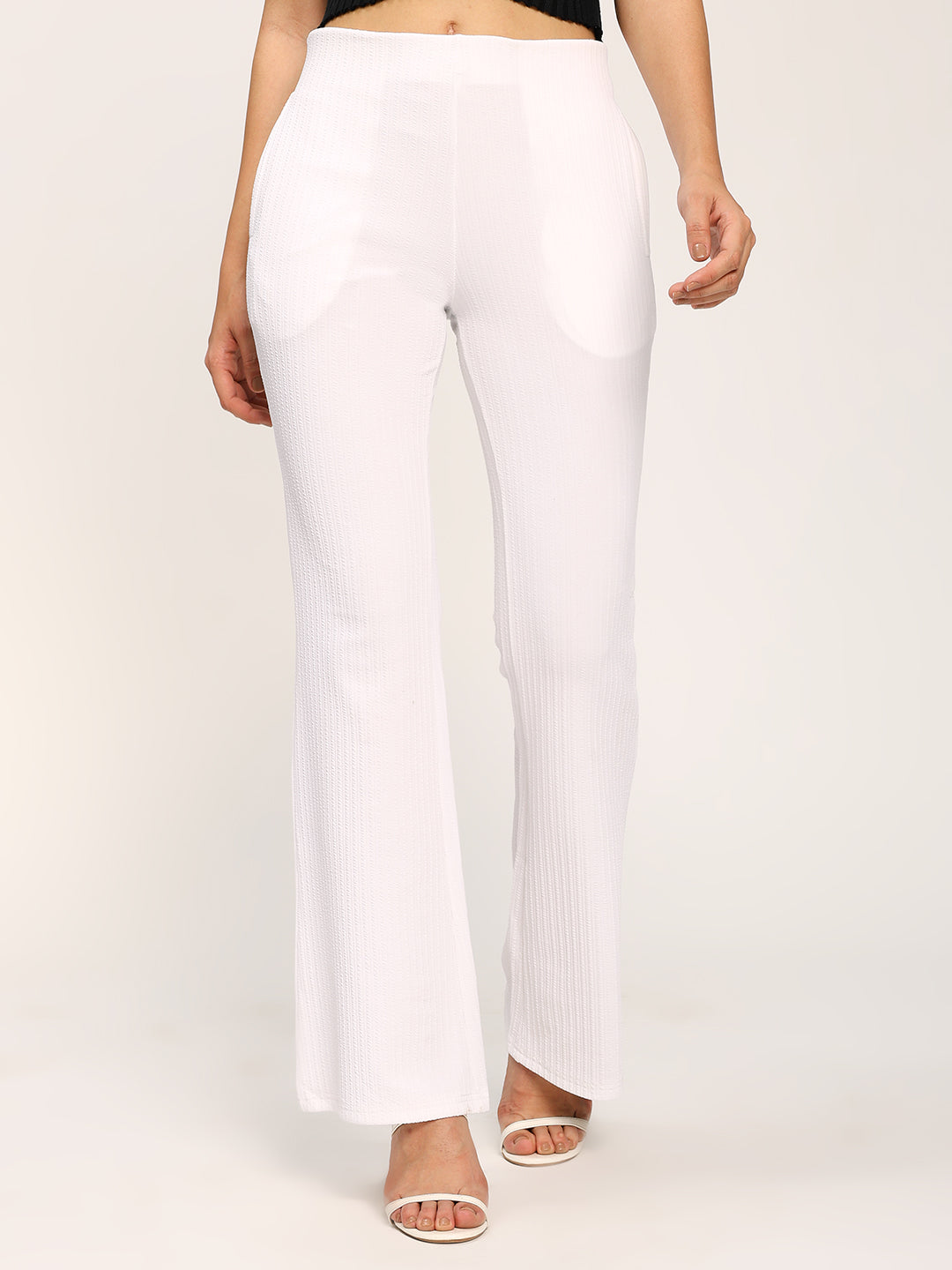 White Textured Flare Fit Fashion Pants